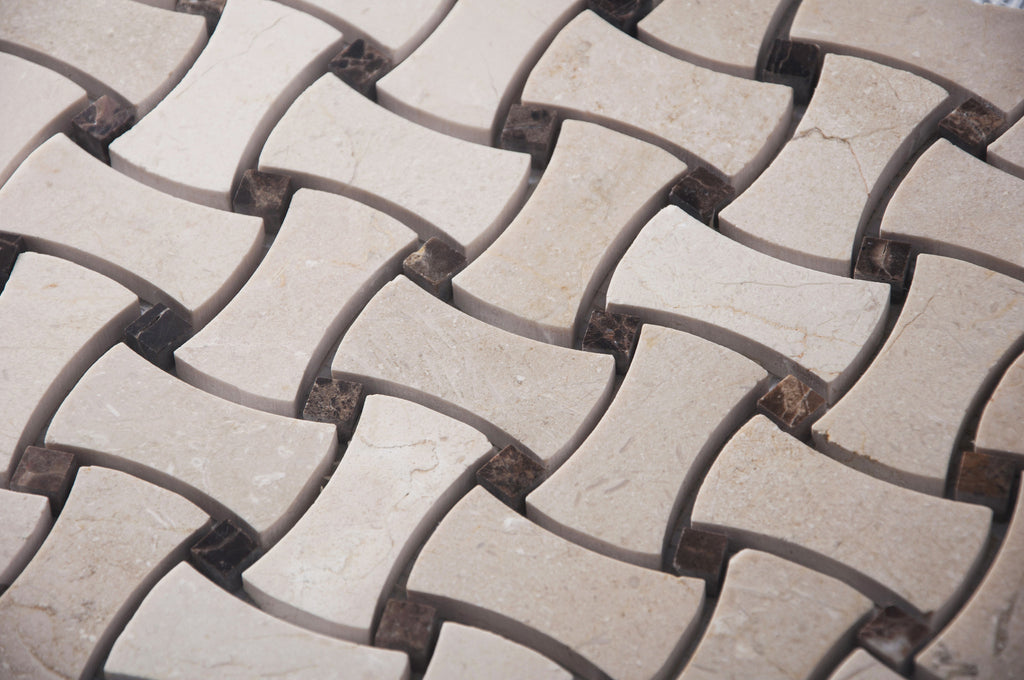 Cream Marfil + Spanish Dark Emperador Polished Bone Shape Basketweave Mosaic