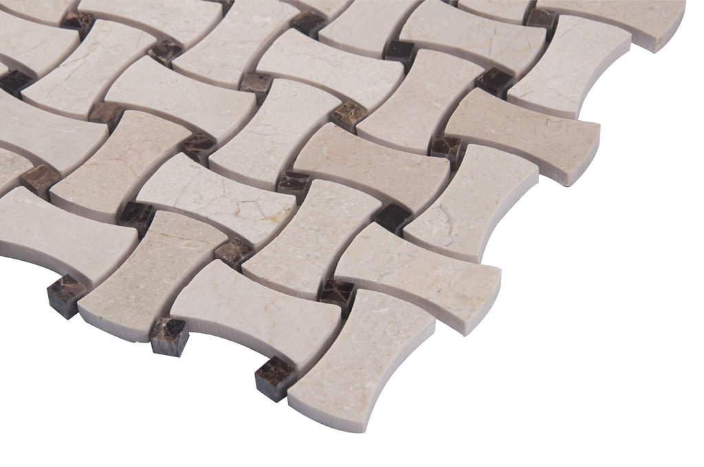 Cream Marfil + Spanish Dark Emperador Polished Bone Shape Basketweave Mosaic