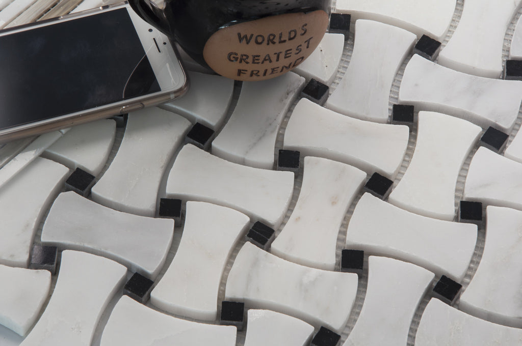 Oriental White + China Black Polished Basketweave Mosaic