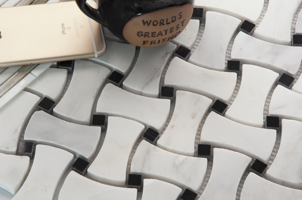 Oriental White + China Black Polished Basketweave Mosaic