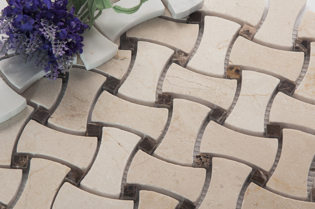 Cream Marfil + Spanish Dark Emperador Polished Bone Shape Basketweave Mosaic