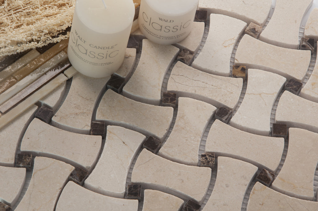 Cream Marfil + Spanish Dark Emperador Polished Bone Shape Basketweave Mosaic