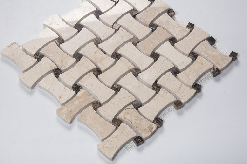 Cream Marfil + Spanish Dark Emperador Polished Bone Shape Basketweave Mosaic